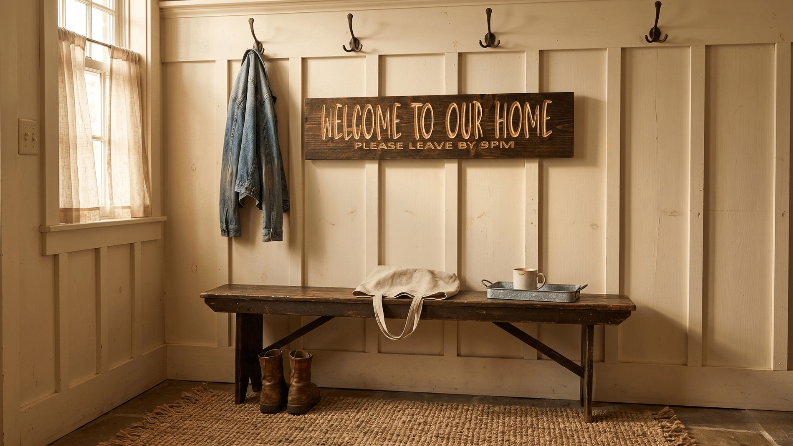 Funny hardwood welcome sign reading Welcome To Our Home Please Leave By 9PM hanging on a cream board-and-batten mudroom wall above a bench with leather boots, a canvas tote, and a ceramic coffee mug on a galvanized tray, warm morning light