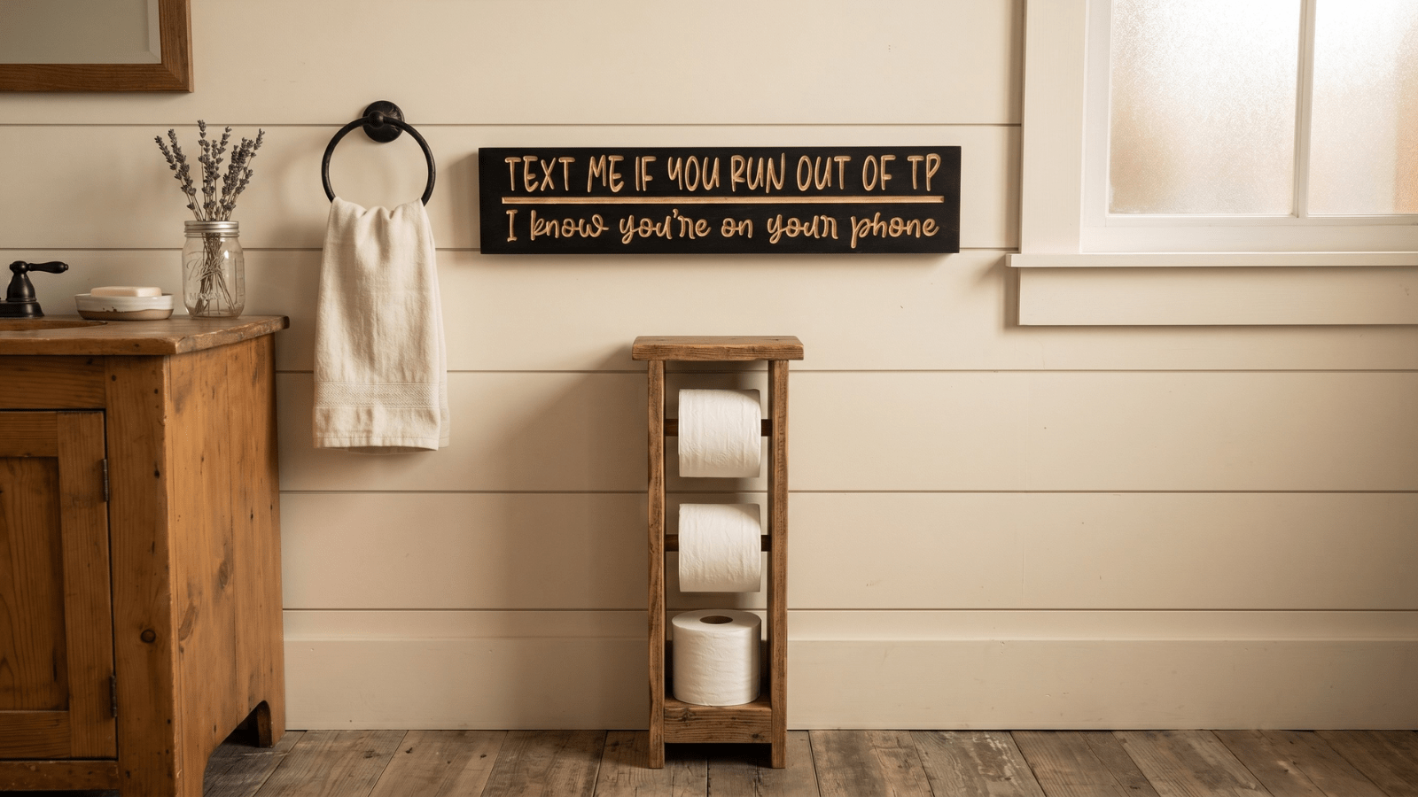 Rustic farmhouse powder room with a wooden funny bathroom sign reading TEXT ME IF YOU RUN OUT OF TP hung on cream shiplap above a wooden toilet paper holder, mason jar with dried lavender on an aged pine vanity, warm morning light