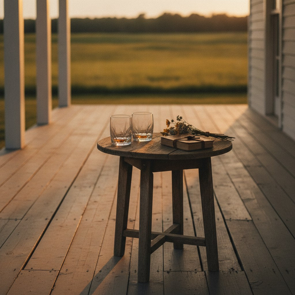 A warmly lit farmhouse bar cart styled with thoughtful gifts for bourbon lovers, including crystal glassware, a leather coaster set, and a small ceramic ice bucket against a whitewashed shiplap wall.