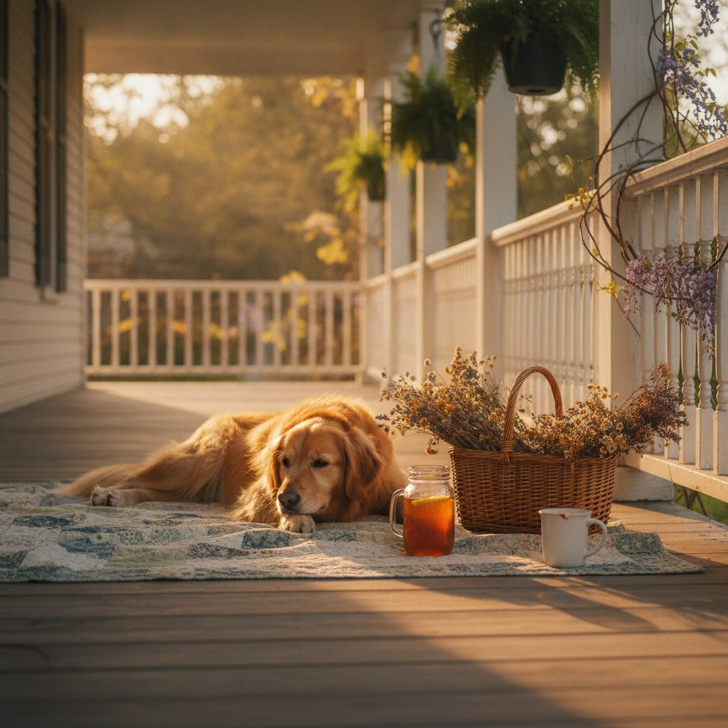 A golden retriever lounges on a quilt-draped farmhouse porch beside a mason jar of sweet tea and a worn wicker basket, evoking the warmth of thoughtful gifts for dog moms.