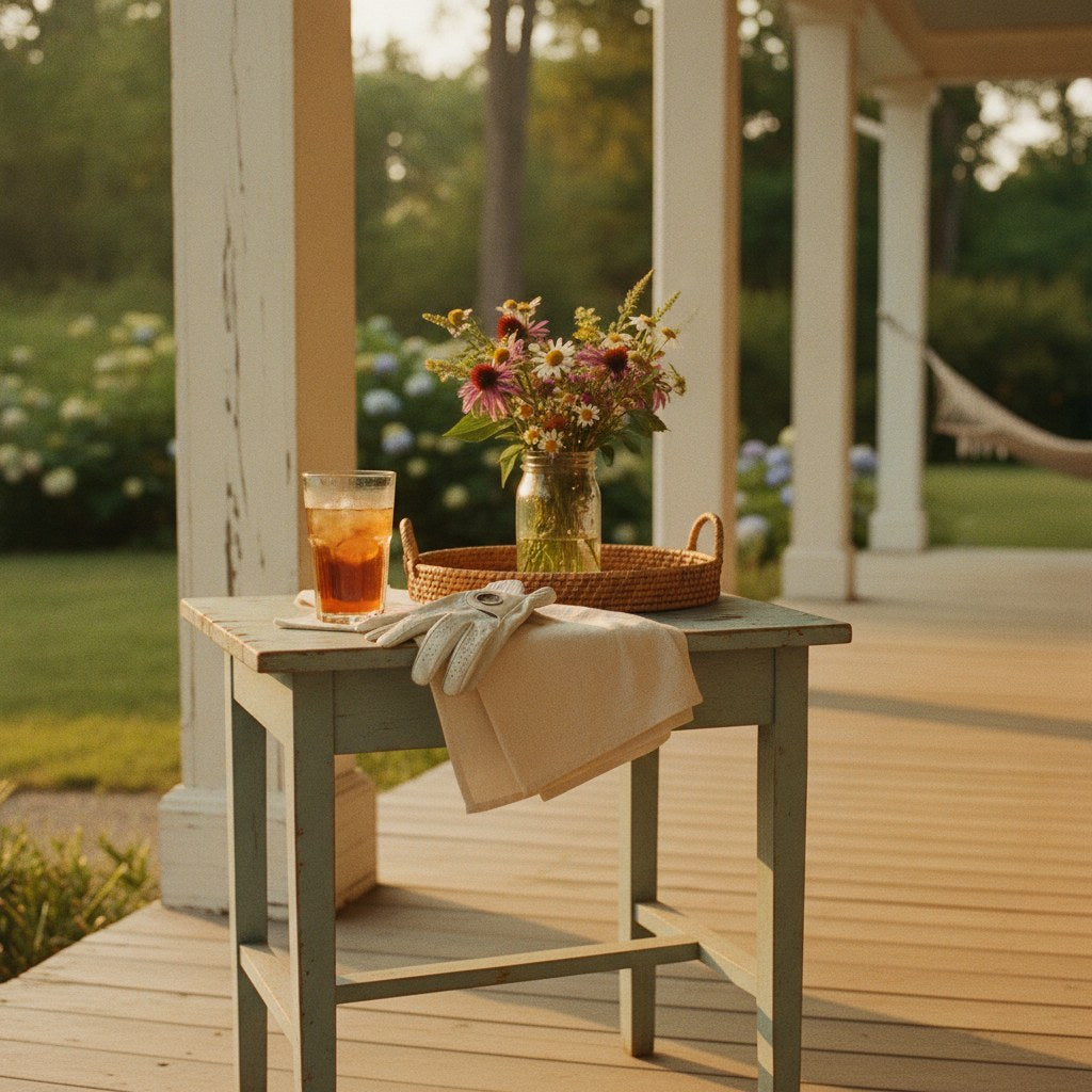 A sun-warmed farmhouse porch scene evoking the relaxed Southern lifestyle behind the best gifts for golfers women who play for joy rather than competition.