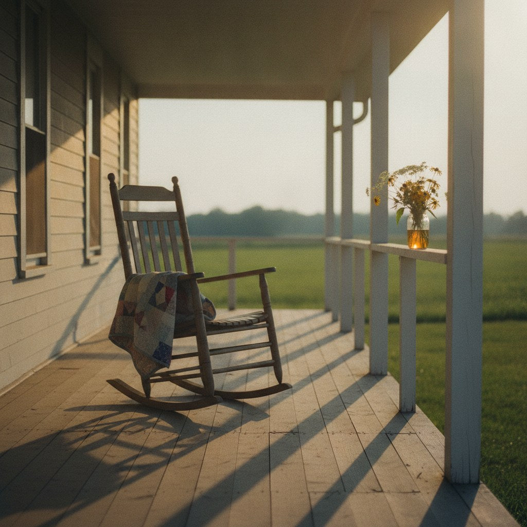 A worn farmhouse porch at golden hour, with an empty rocking chair and a hand-stitched quilt draped over the arm, evoking the quiet surrender of trusting God in hard times.