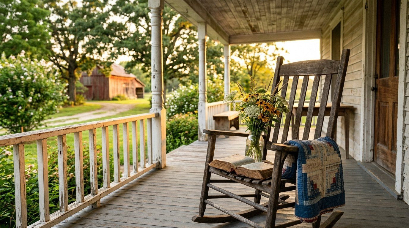 A sun-drenched Southern farmhouse porch at golden hour, where an open Bible rests on a weathered rocking chair beside a mason jar of wildflowers, inviting the quiet question of grace is what we return to every morning.