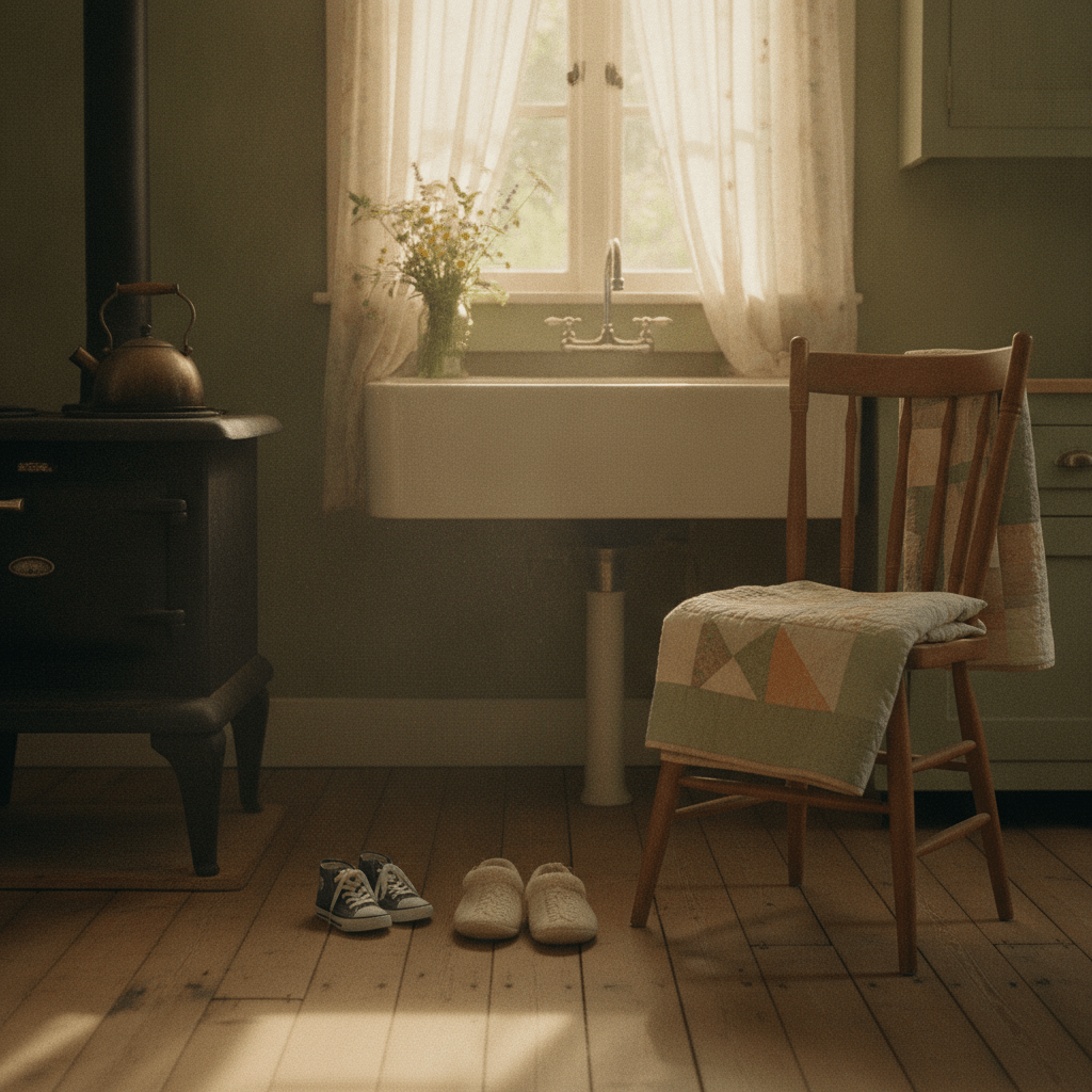 A sunlit Southern farmhouse kitchen where grandmothers raising grandchildren create daily rhythms of warmth, shown through a small pair of sneakers beside worn house slippers near a cast iron stove.