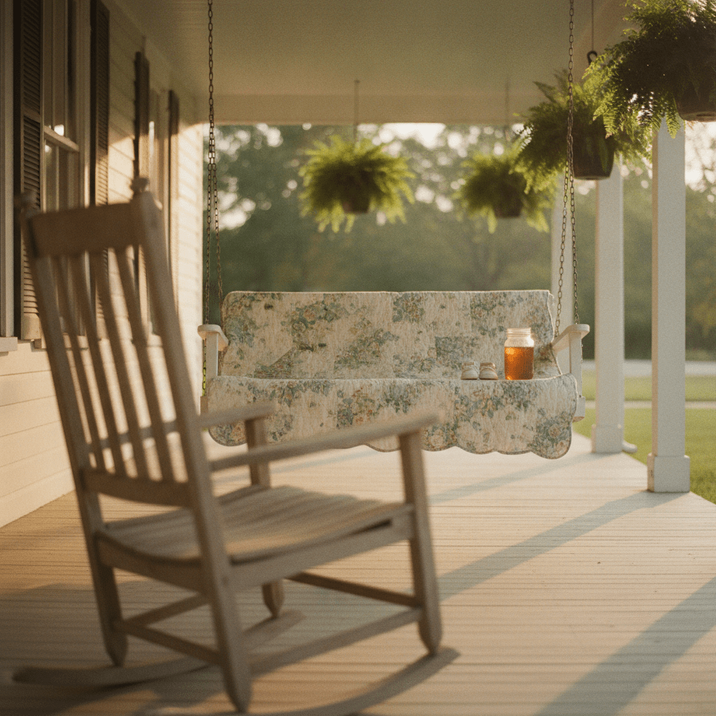 A sun-warmed farmhouse porch swing holding a folded quilt and a small pair of children's shoes beside a weathered rocking chair, evoking the tender moment of choosing grandparent names before a new baby arrives.