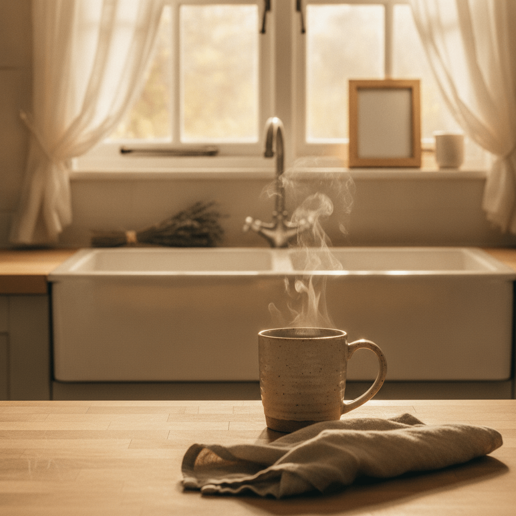 Warm morning light falls across a weathered farmhouse kitchen windowsill where a steaming mug and a small framed piece sit beside dried wildflowers, evoking the quiet ritual of daily gratitude sayings.