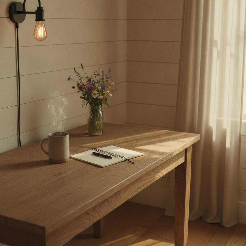 A worn farmhouse desk bathed in golden morning light, evoking the quiet influence of a great manager remembered long after the job ends.