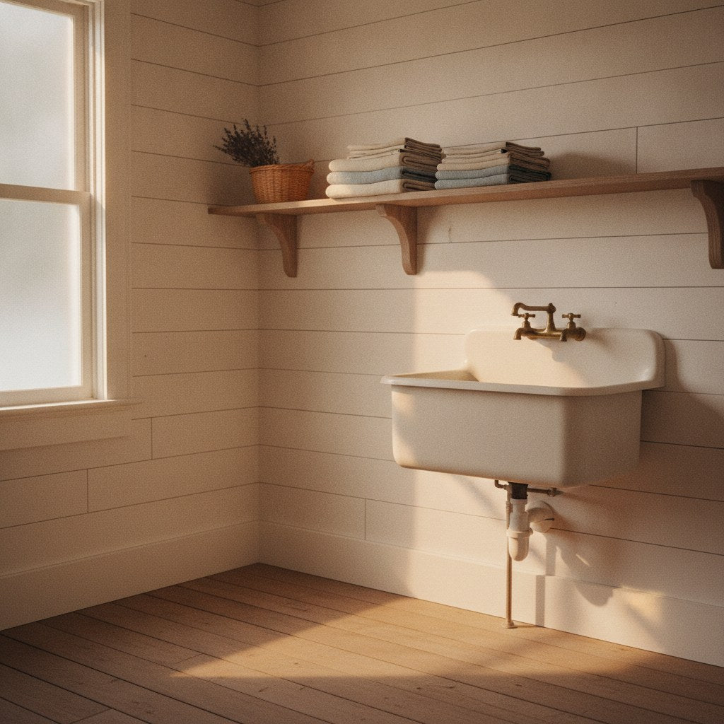A bright Southern farmhouse laundry room with whitewashed shiplap walls, a worn wooden shelf, and folded linen towels bathed in warm morning light.
