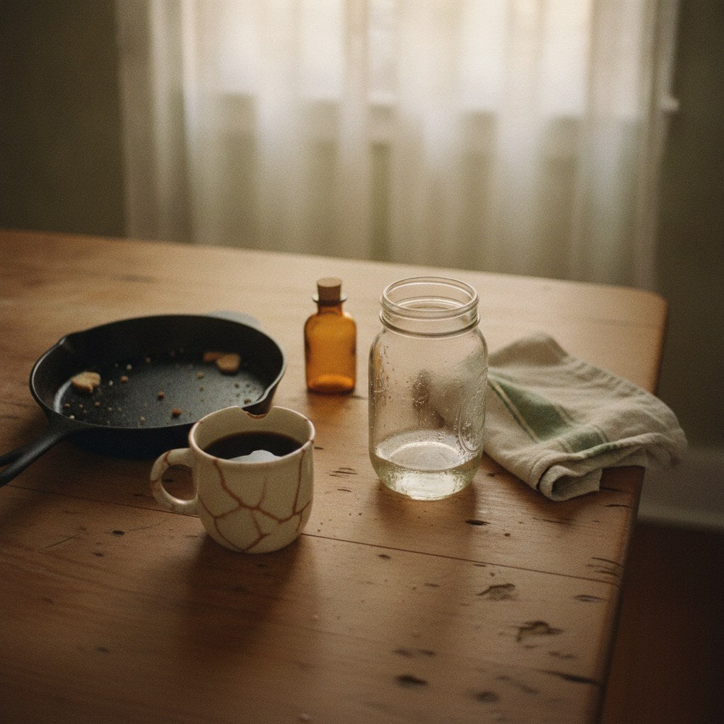 A sun-drenched Southern farmhouse kitchen table scattered with old remedy jars and a cold glass of water, evoking the spirit of hangover quotes funny enough to make you smile through the pain.