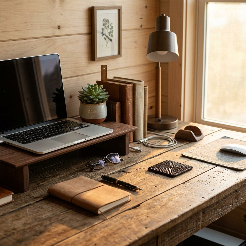 An office desk in late golden light, the setting a magic mug lives in, styled and lived-in, with the spot on the table or shelf where it would sit left empty.