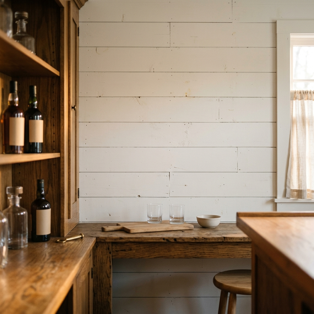 Home bar at golden morning light, a bare stretch of wall where 30th anniversary gift for wife would live in daily view.