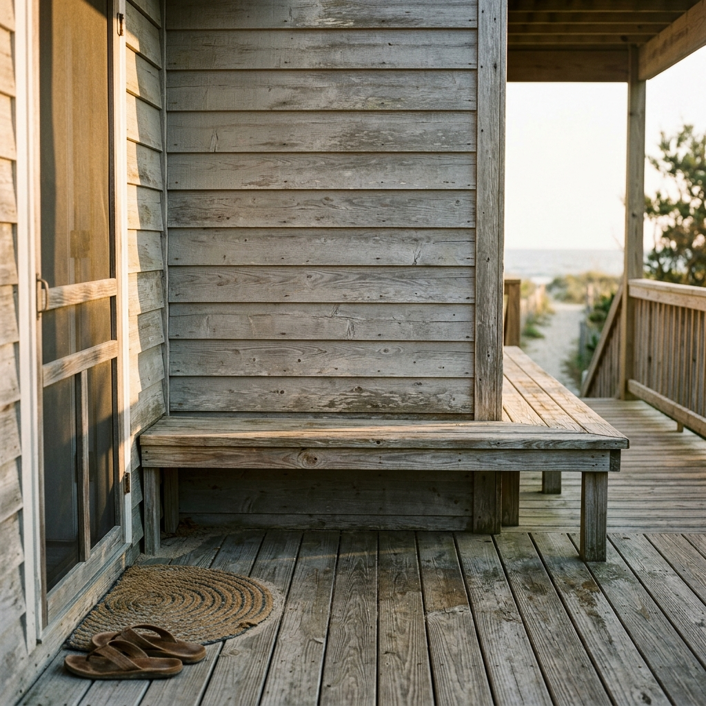 Back deck at golden morning light, a bare stretch of wall where beach house gift would live in daily view.