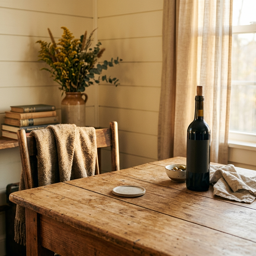 A cozy home environment in late golden light, the setting a wine glass lives in, styled and lived-in, with the spot on the table or shelf where it would sit left empty.
