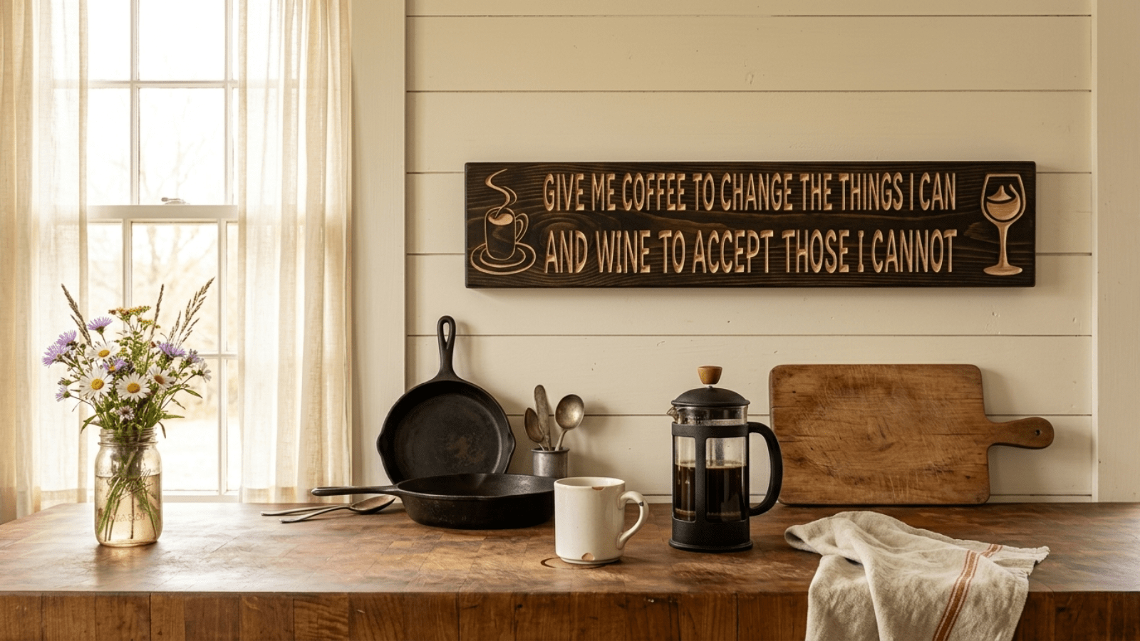 Funny coffee and wine sign hanging on cream shiplap above a farmhouse butcher-block kitchen counter with a chipped ceramic coffee mug, cast iron French press, and a mason jar of wildflowers in warm morning light
