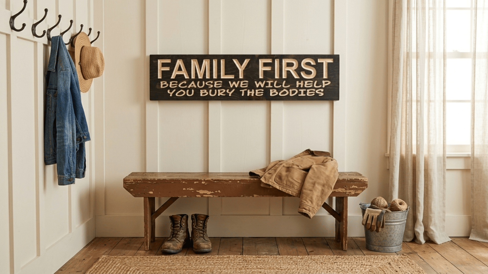 Wooden sign reading Family First Because We Will Help You Bury The Bodies hanging above rustic bench in farmhouse mudroom with work boots and vintage coat hooks