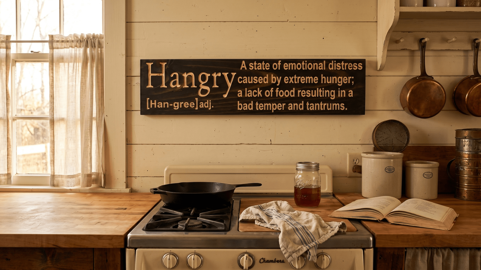 Carved hardwood Hangry definition sign hung on cream shiplap above a butcher-block counter in a warm Southern farmhouse kitchen, with a cold cast iron skillet on a vintage gas range and a crumpled dish towel below