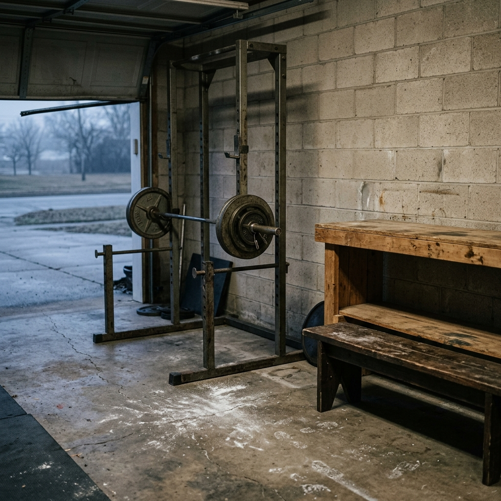 A garage gym at first light, a loaded barbell on the rack, chalk on the floor, a bare block wall behind, the garage door cracked to a gray morning.