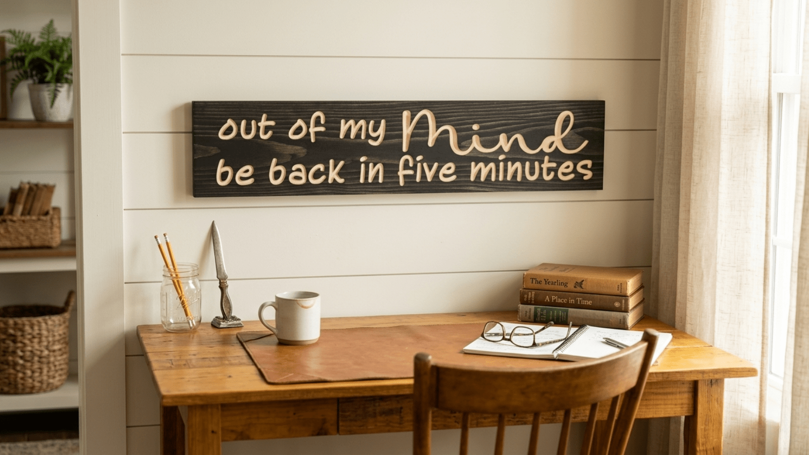 Wooden sign reading Out of My Mind Be Back in 5 Minutes hanging above a rustic farmhouse desk with coffee mug, vintage books, and reading glasses in warm natural light