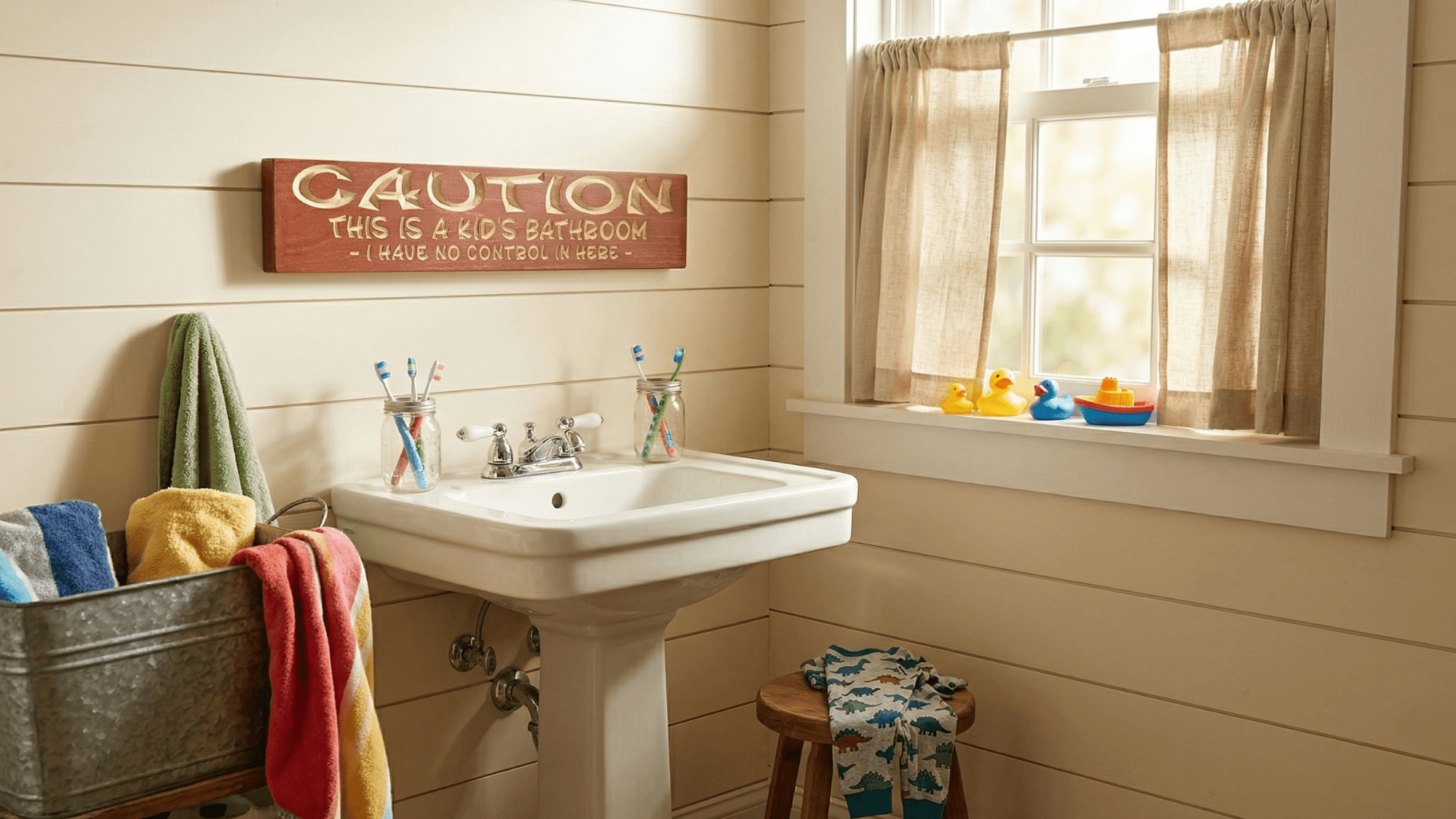Funny rustic farmhouse kids bathroom sign hanging in charming country bathroom with warm lighting and playful decor — BluegrassGifts.com