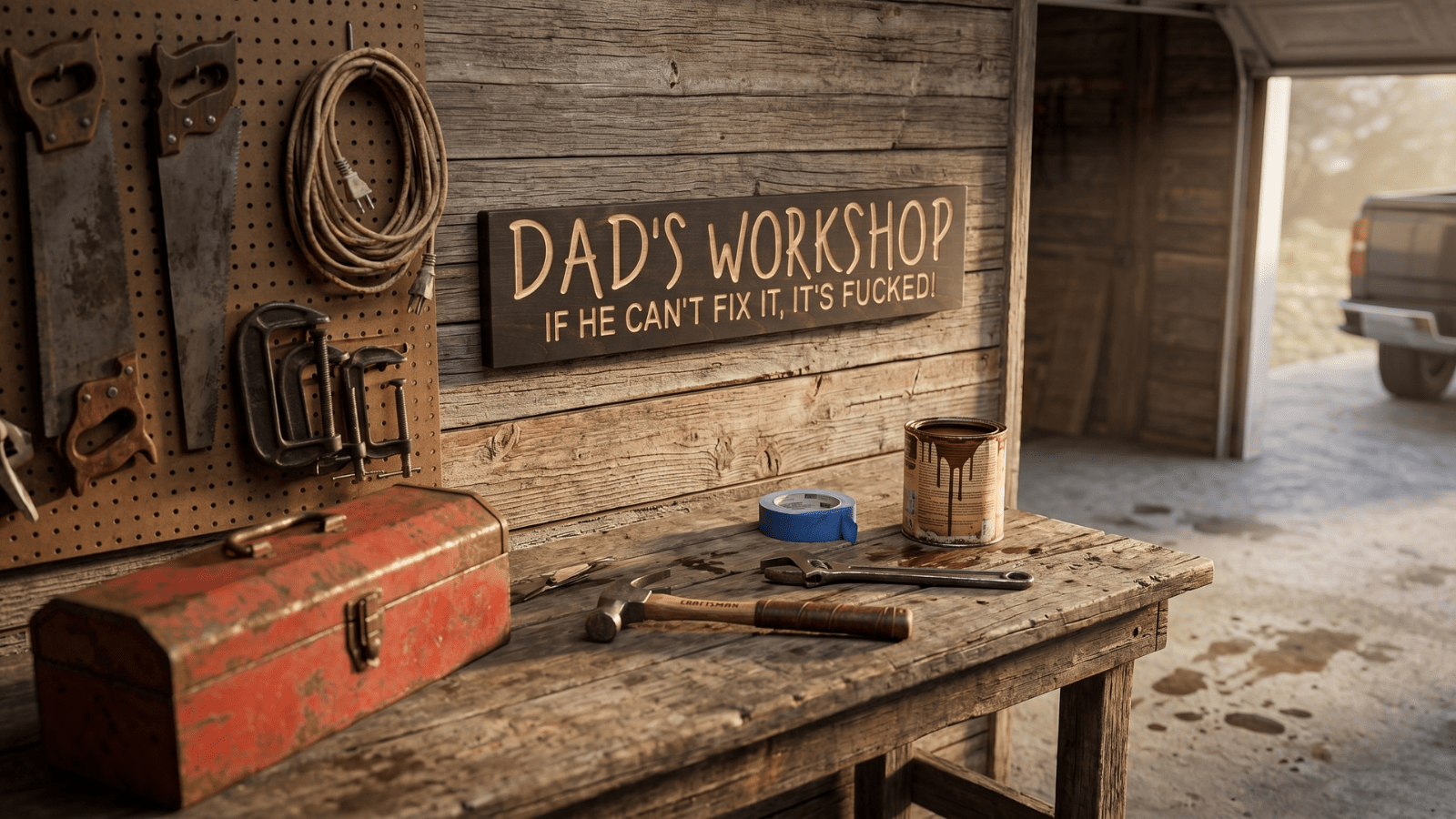 Why the Dad's Workshop Sign Speaks to Every Garage, Toolbox, and Marriage | Bluegrass Gifts