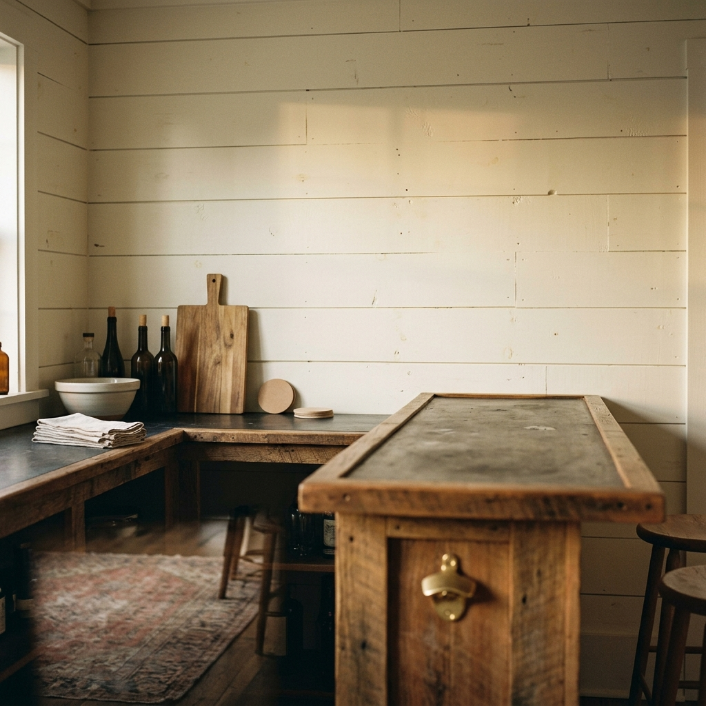 A home bar at golden morning light, a bare stretch of wall where gifts for beer drinkers would live in daily view.