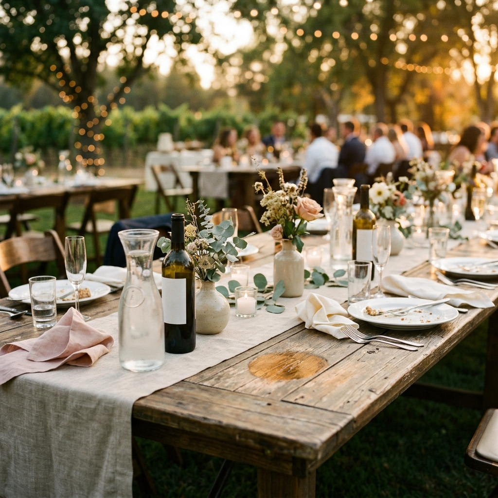 A wedding reception in late golden light, the setting a wine glass lives in, styled and lived-in, with the spot on the table or shelf where it would sit left empty.