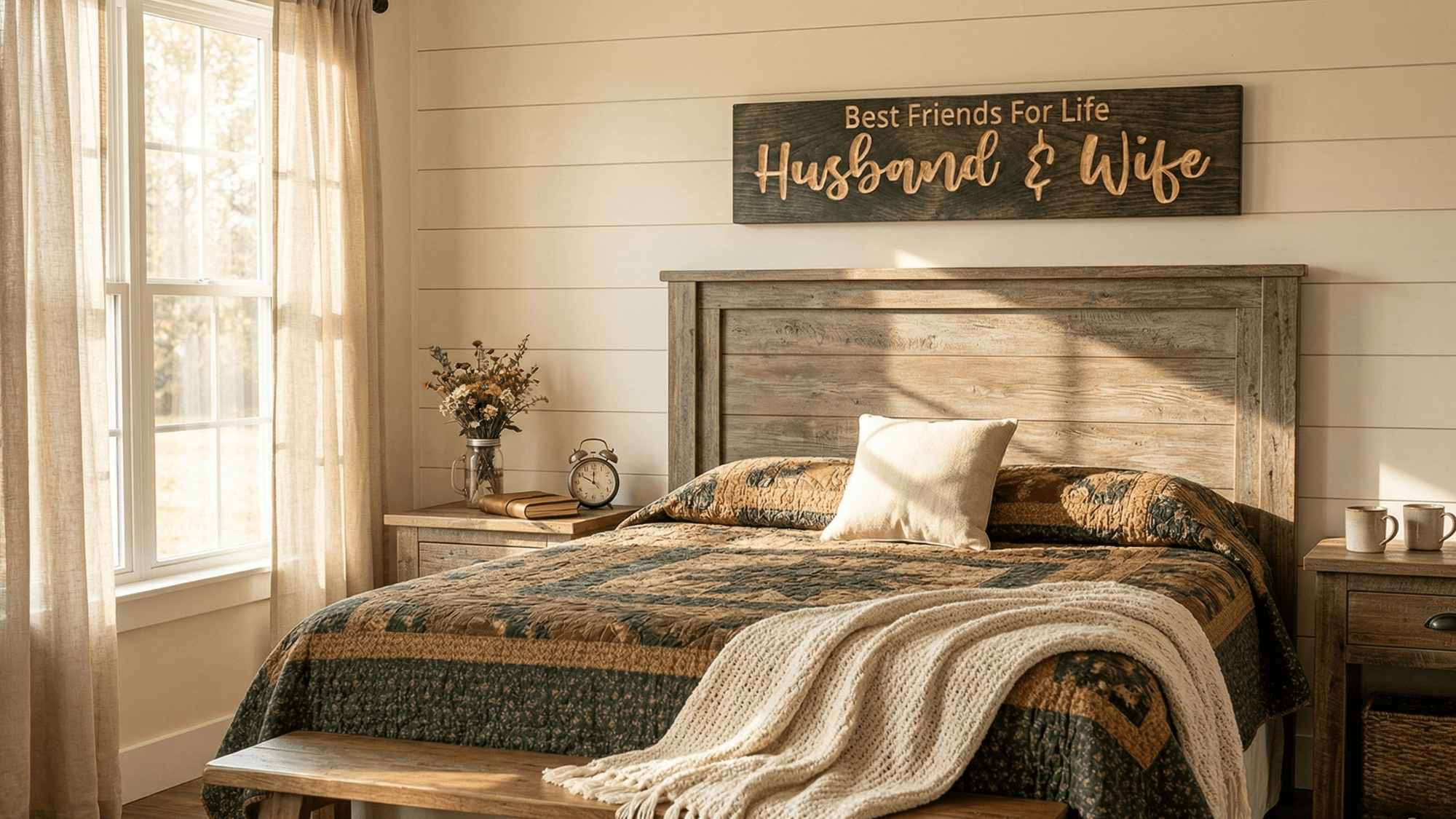 Rustic farmhouse bedroom with Best Friends For Life Husband Wife wooden anniversary sign above bed with vintage quilt and morning light — BluegrassGifts.com