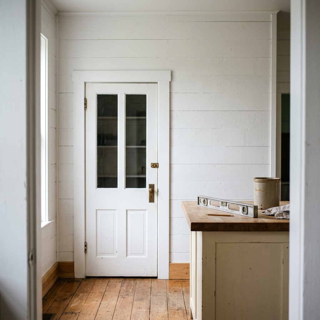 A farmhouse kitchen seen from the doorway, a white pantry door with bare wall above its casing, a level and a pencil on the counter.