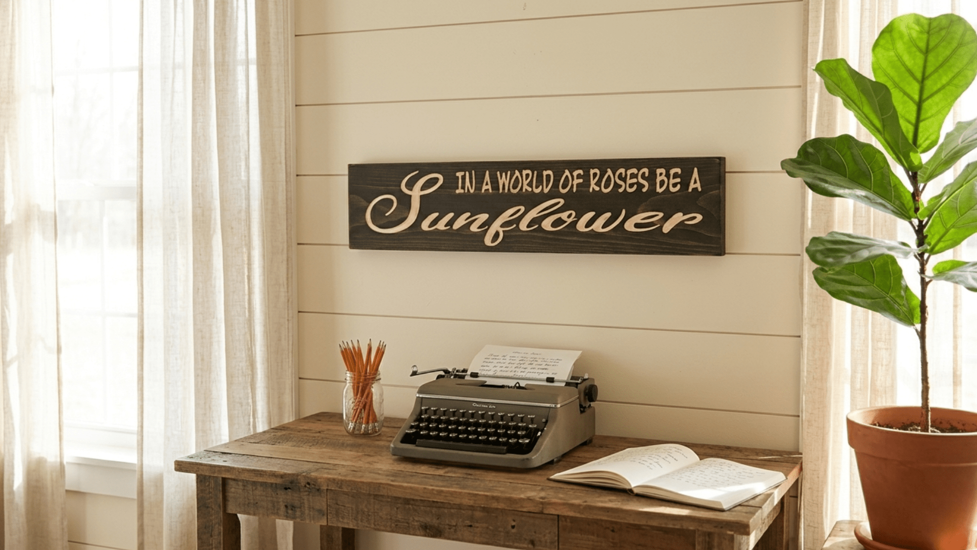 A rustic wooden inspirational sign hangs on a cream shiplap wall above a writer's desk in a sunlit farmhouse office nook. NO text, NO branding on image.