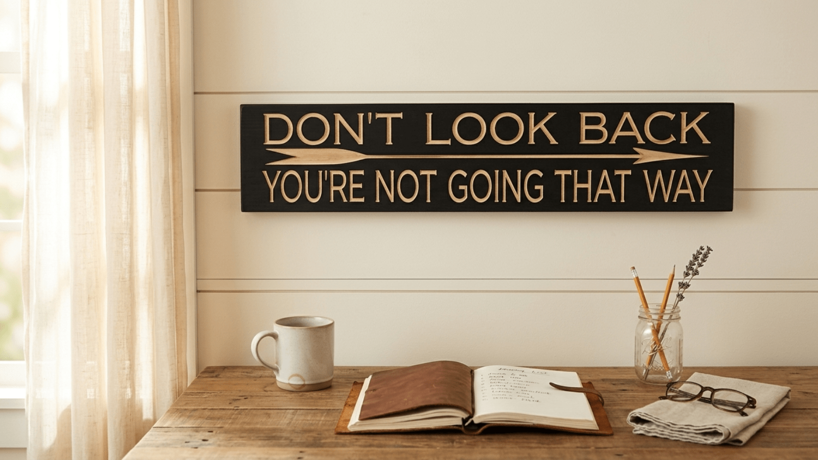 Wooden motivational wall sign reading DON'T LOOK BACK YOU'RE NOT GOING THAT WAY hanging on a cream shiplap wall above a reclaimed wood desk with a coffee mug, leather journal, and mason jar of pencils in a warm sunlit farmhouse home office