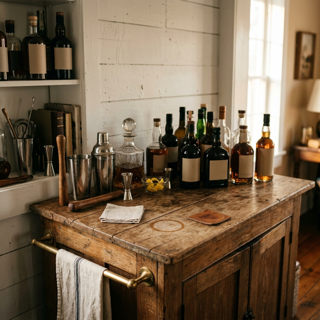 A home bar in late golden light, the setting a whiskey glass lives in, styled and lived-in, with the spot on the table or shelf where it would sit left empty.