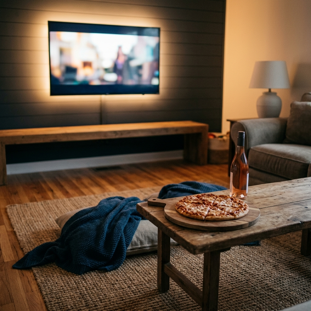 A living-room floor picnic: a low coffee table with a frozen pizza on a board, a bottle of rosé, two throw blankets, the TV glow, evening, no glasses on the table.