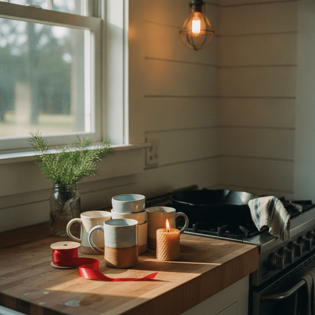 A warm farmhouse kitchen counter at Christmas morning holds mismatched mugs and scattered wrapping ribbon beside a glowing candle, evoking the spirit of holiday inspirational quotes lived out in real family life.