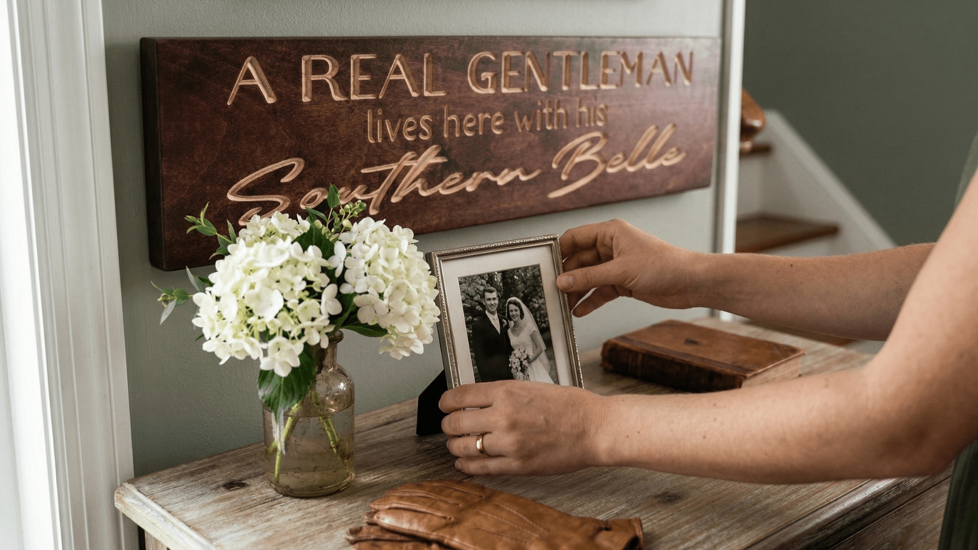 How To Style A Romantic Southern Entryway — A romantic Southern entryway featuring a 'Real Gentleman Lives Here With His ...