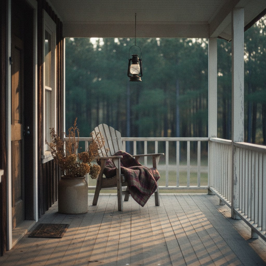 A rustic hunting cabin porch at golden hour with worn wood railings, a hanging lantern, and a quilt draped over an Adirondack chair — the kind of place where hunting quotes feel right at home on every wall.