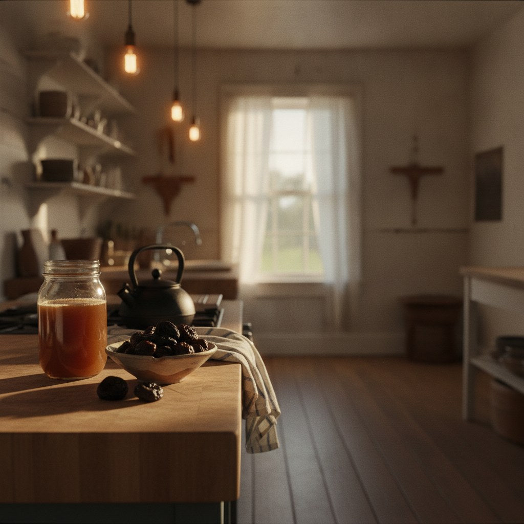 A sunlit Southern farmhouse kitchen counter holds a mason jar of prune juice, dried figs, and a cast iron kettle — a gentle reminder of what to reach for if constipated during the exhausting early days of new grandparenthood.