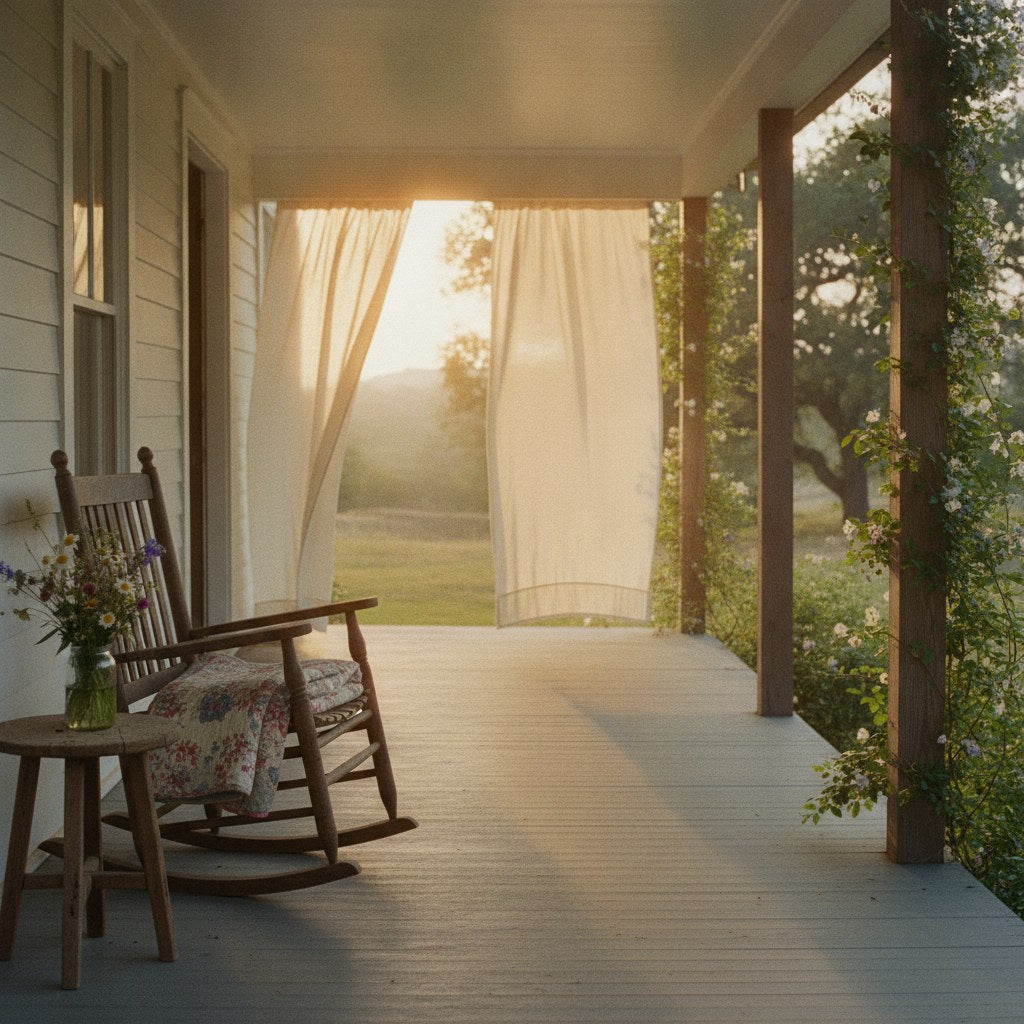 A sunlit Southern farmhouse porch at golden hour, radiating warmth from inside out through sheer curtains and a weathered rocking chair.