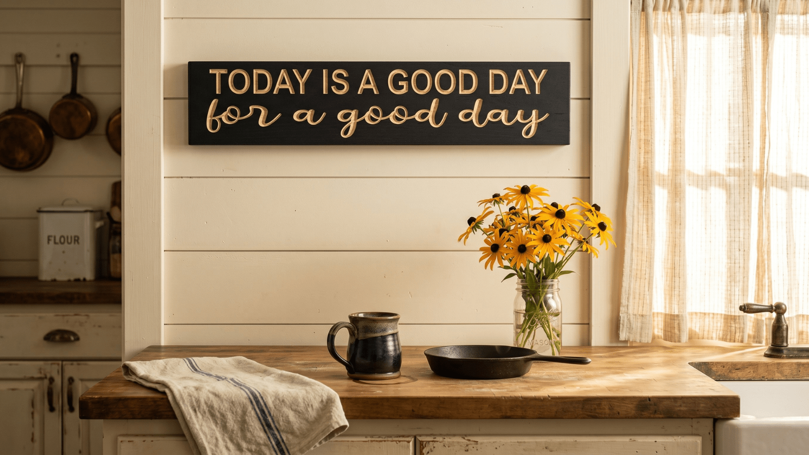 Inspirational wooden wall sign reading TODAY IS A GOOD DAY FOR A GOOD DAY hanging on cream shiplap above a butcher-block farmhouse kitchen counter, with a coffee mug, cast iron skillet, and mason jar of wildflowers in warm morning light