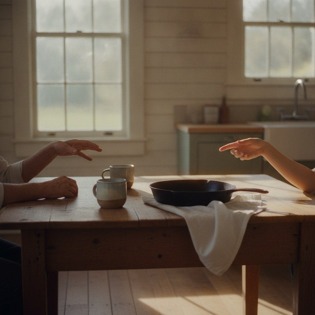 A farmhouse kitchen table at golden hour where two pairs of hands reach toward the same cast iron skillet, the easy body language between them hinting at the kind of jokes about sarcasm that only close families trade.
