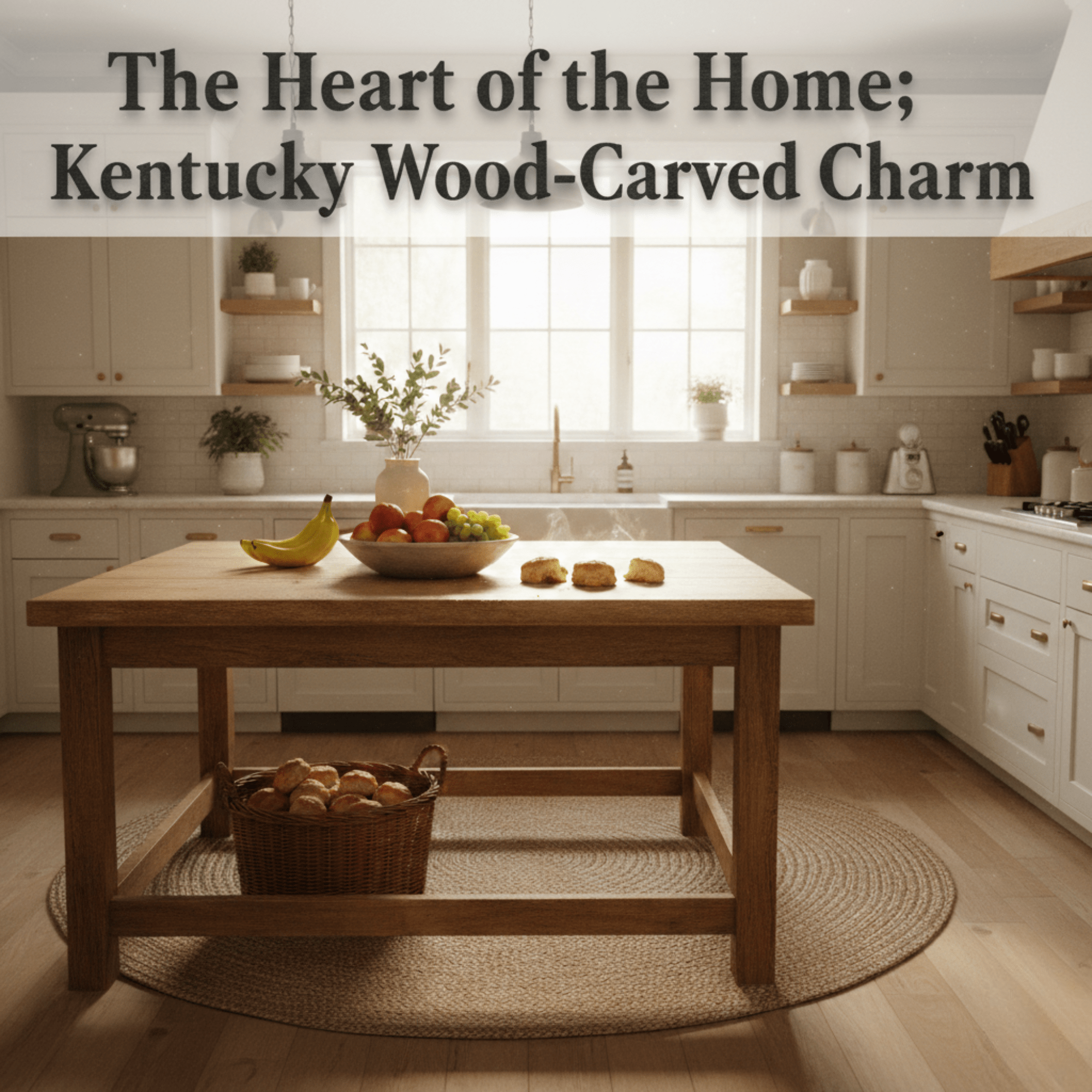 A sunlit modern farmhouse kitchen in Kentucky featuring a wooden island with fresh biscuits and fruit, titled "The Heart of the Home: Kentucky Wood-Carved Charm."