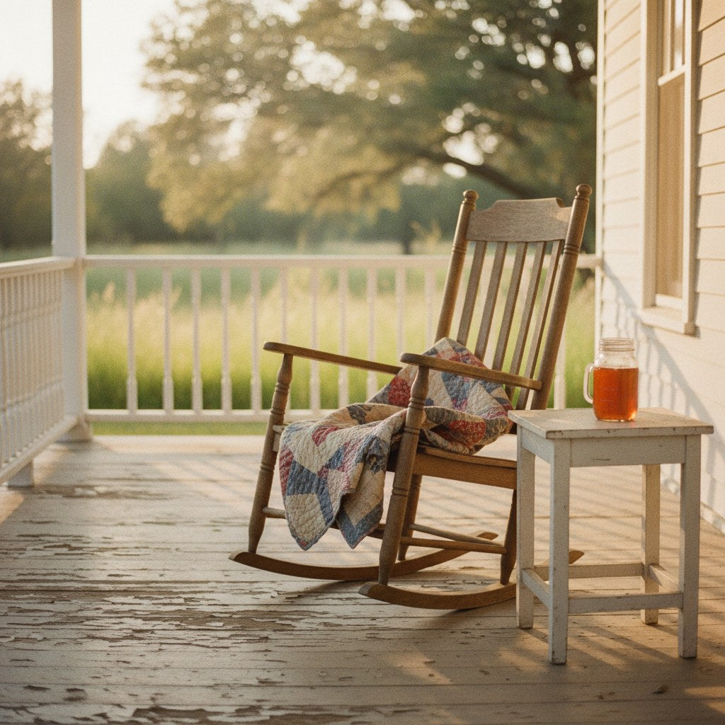 A weathered farmhouse porch at golden hour with an empty rocking chair and a worn quilt draped over the rail, evoking the quiet peace of learning to let go of what no longer serves you.