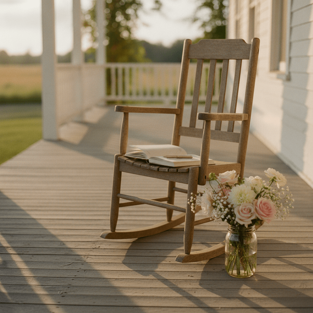 A sunlit farmhouse porch corner with a weathered rocking chair, an open journal with a pen resting across blank pages, and a mason jar of wildflowers beside it — the quiet setting where a maid of honor speech begins to take shape.