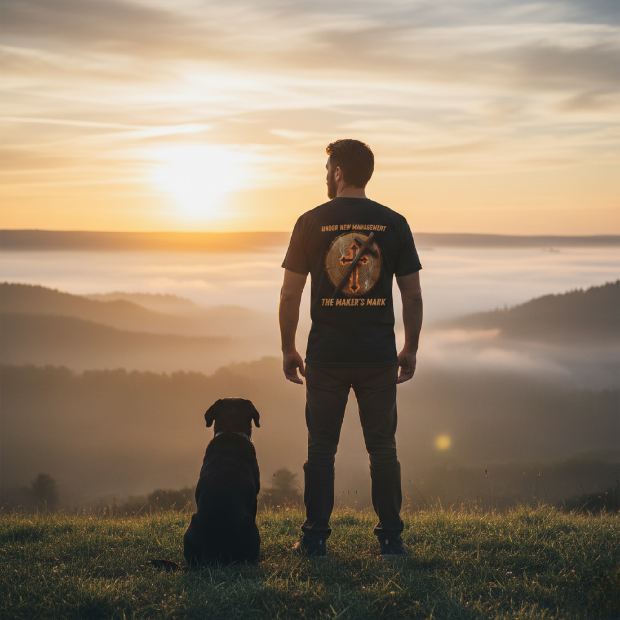 A man and his black lab standing on a hill at sunrise, wearing the Under New Management Maker's Mark t-shirt.