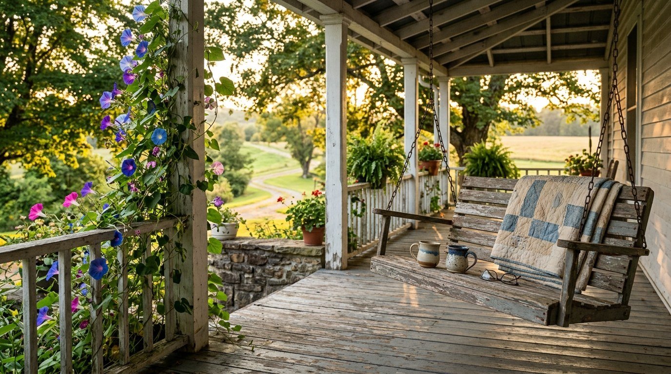 A sun-warmed farmhouse porch swing holding two weathered coffee mugs and a folded quilt, the kind of quiet scene that holds a lifetime of real marriage advice.