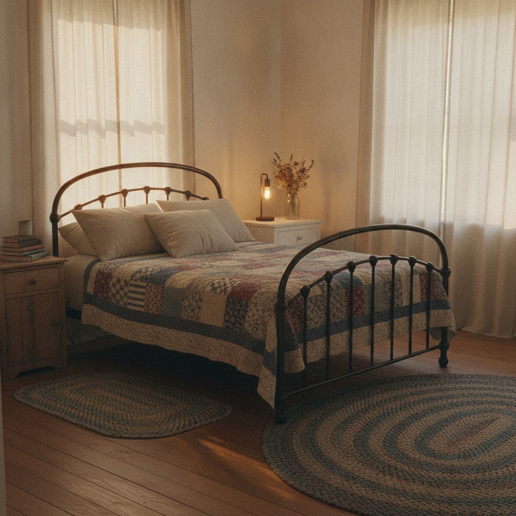 A warmly lit Southern bedroom with a quilt-covered iron bed and mismatched nightstands that embodies the kind of marriage advice about shared spaces feeling genuinely lived-in.