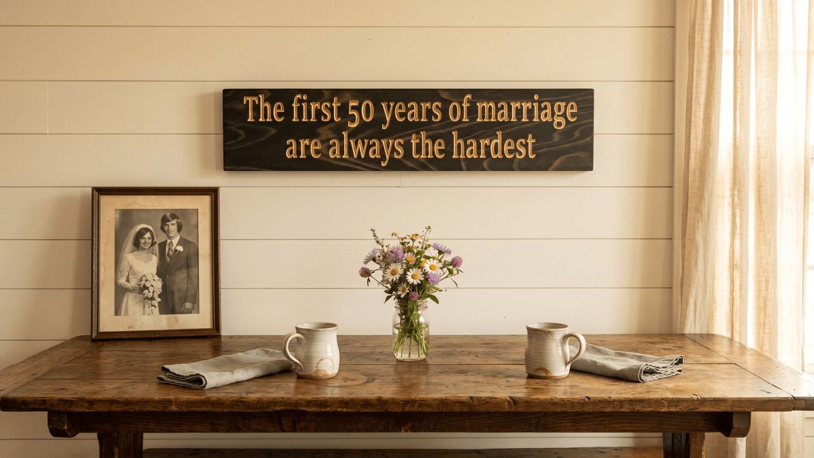Hardwood sign reading 'The first 50 years of marriage are always the hardest' mounted on cream shiplap above a worn oak dining table set for two, with a vintage black-and-white wedding portrait leaning against the wall and wildflowers in a mason jar