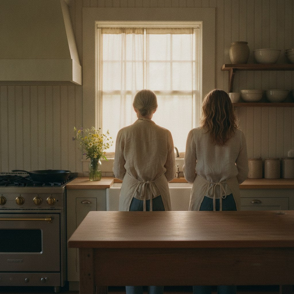 A sunlit farmhouse kitchen where a grandmother and mother stand side by side at a worn wooden counter, their backs to the camera, evoking the timeless mom phrases passed quietly between generations.