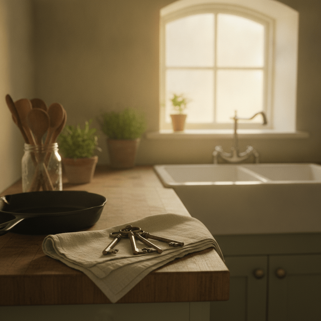 A sunlit Southern farmhouse kitchen counter where a set of keys rests half-hidden beneath a folded dish towel near a worn porcelain sink, capturing the quiet magic of mother knows best.