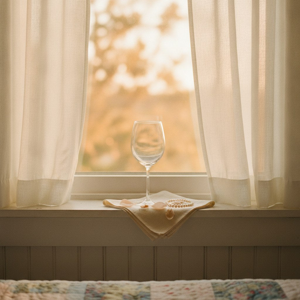 A mother of the bride wine glass rests on a sunlit farmhouse windowsill beside scattered rose petals and a folded linen handkerchief.
