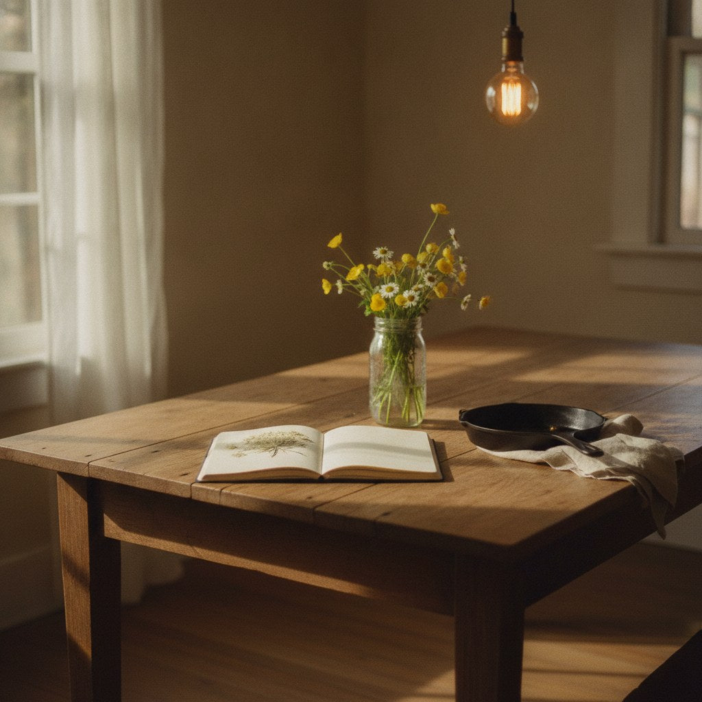 A worn farmhouse kitchen table holds an open journal, a mason jar of wildflowers, and a cooling cast iron skillet in soft golden morning light — the kind of scene that captures the complicated warmth behind funny mother's day quotes.